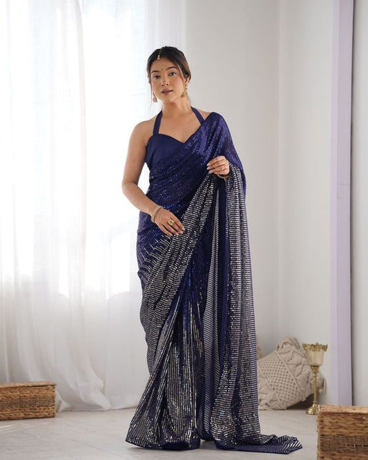 Blue Designer Sequance Embroidery Work Georgette Saree