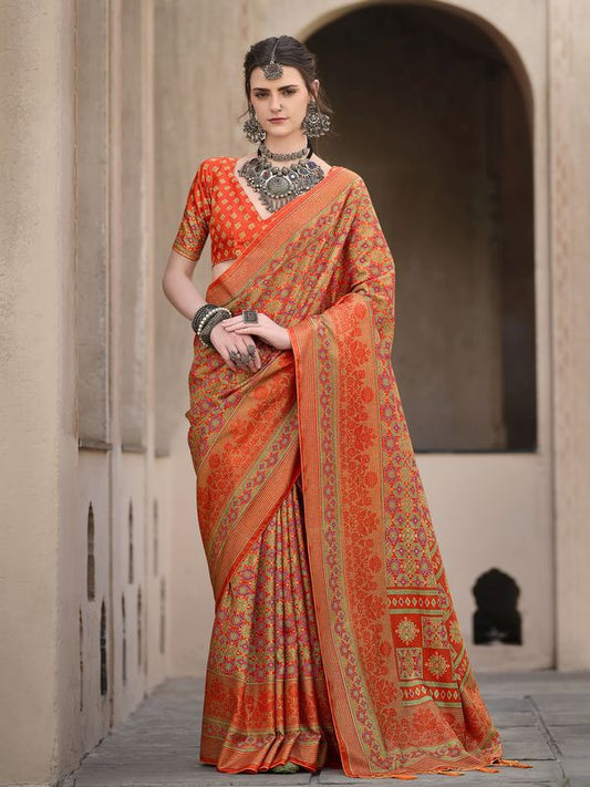 Orange Color Sigma Silk Designer Ajrakh Printed Traditional Print Saree