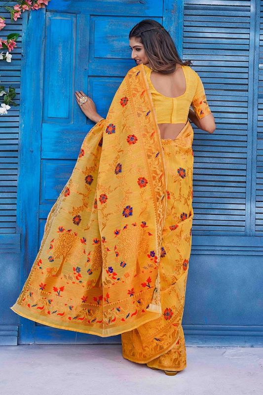 Mustard Color Glamorous Wevon Jacquard Designer Silk Blend Wedding Season Saree