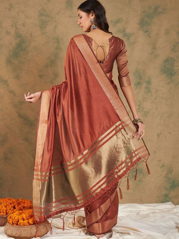 Rust Wevon Jari Designer Cotton Organza Saree