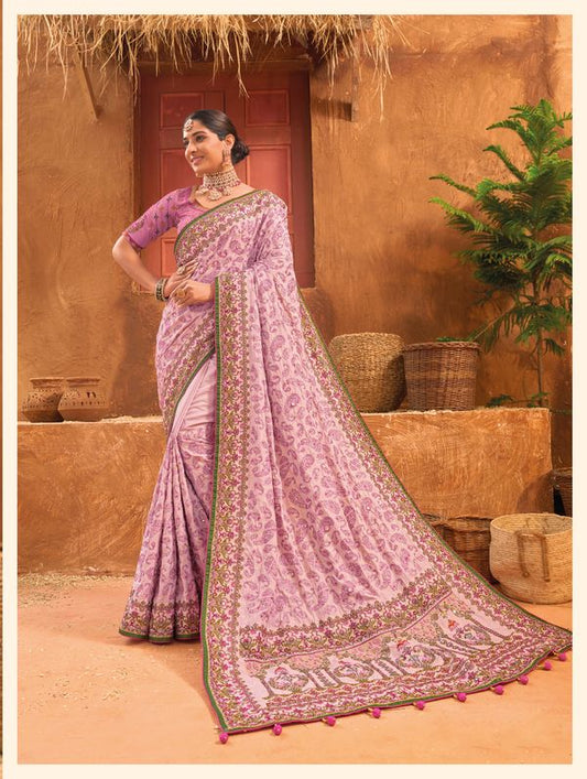 Baby Pink Wevon Designer & Real Mirror & Diamond & Kachhi Work Banaras Silk Saree