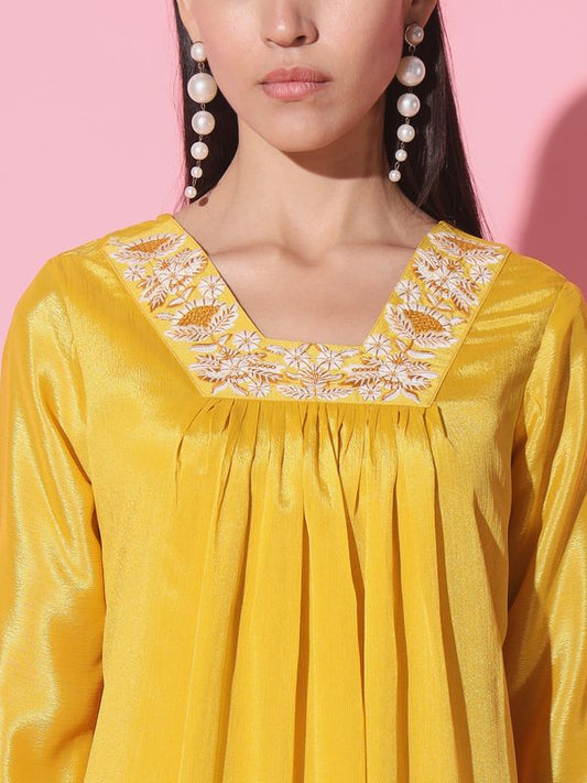 Yellow Chanderi A-Line Kurta