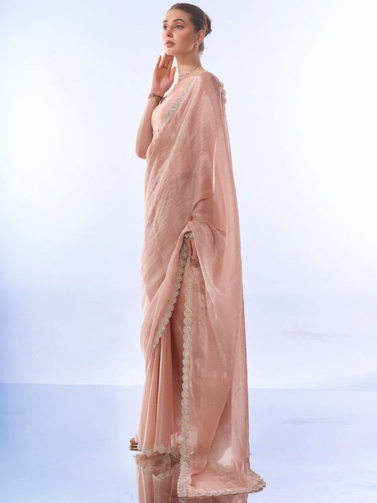 Peach Designer Work Lace Border & Swarovski Work Burburry Saree