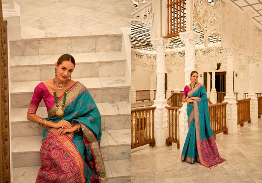 Sky Blue & Pink Weaving Patola Designer Banarasi Silk Saree