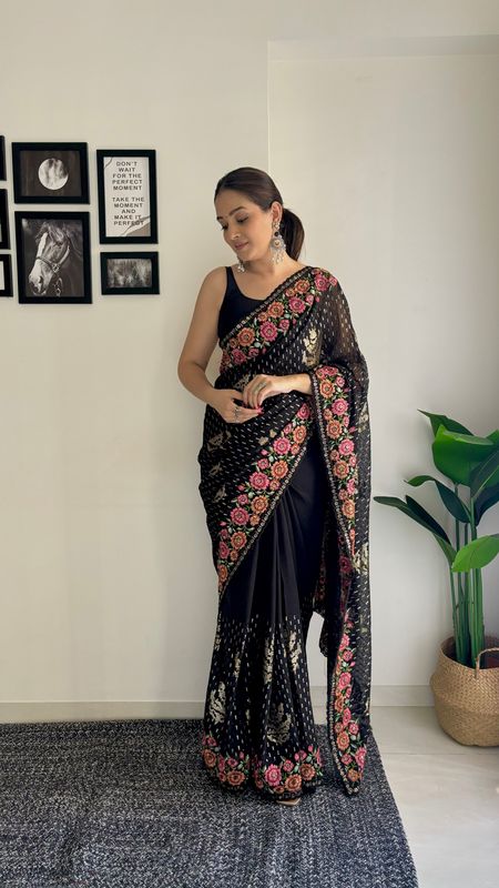 Black Georgette Bollywood Style Thread And Sequance Embroidery Work Girlie Saree