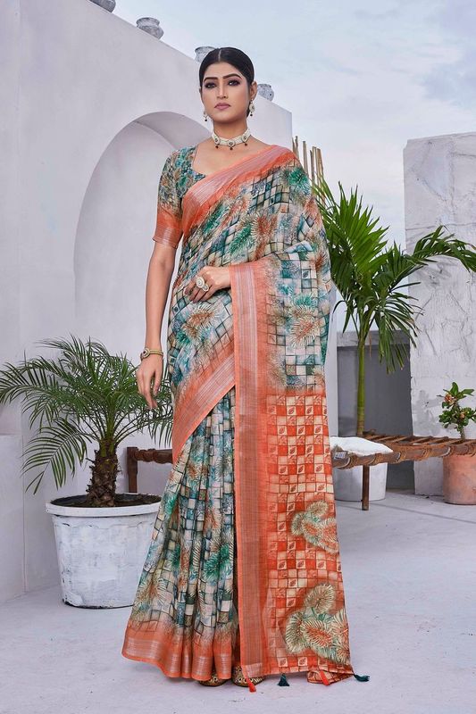 Green Color Linen Blend Smart Ethnic Saree With Trendy Digital Print Work