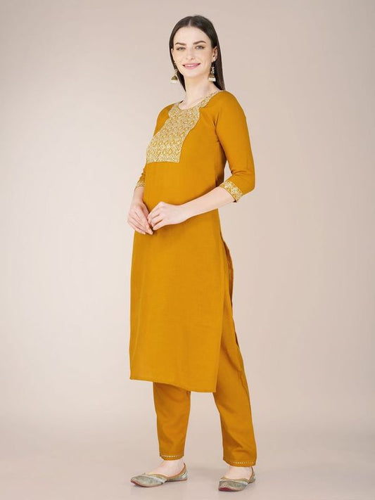 Mustard Color Cotton Blend Sophisticated Partywear Suit For Girlie Looks