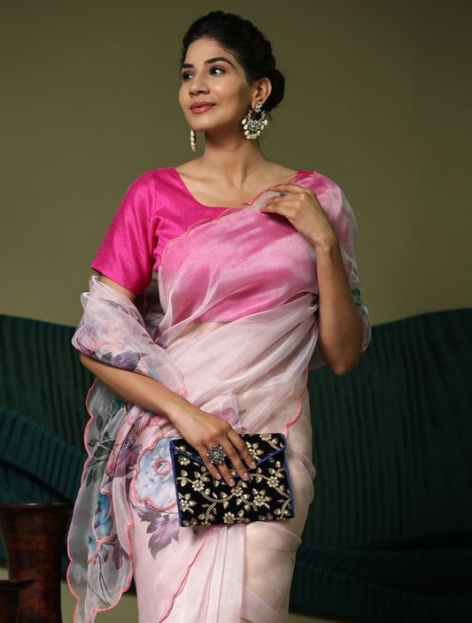 Pink Designer Digital Printed & Sequance Work Organza Saree