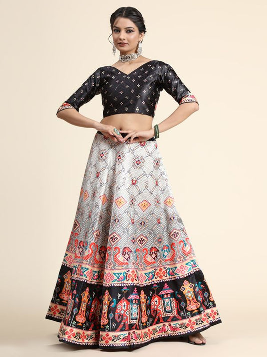 Digital Print Satin Silk Fabric Stitched Lehenga Choli With Jequared Blouse and Assami Silk Thread Work Dupatta For Women and Girls In Festive Party And Traditional Wear