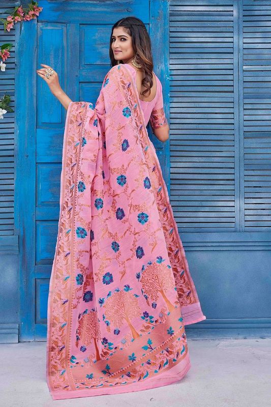 Pink Color Wevon Jacquard Designer Linen Fabric Graceful Saree