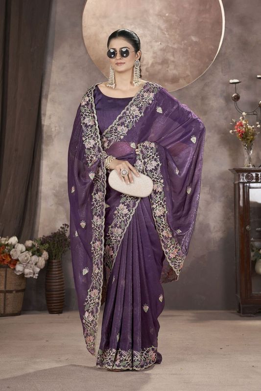 Purple Multy Thread & Sequance Embroidery Cut Work Gold Crunchy Saree