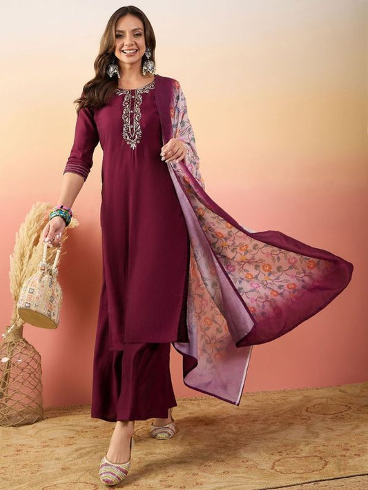 Maroon Color Rich Looks Hand Woven Readymade Dress With Sophisticated Embroidery Work