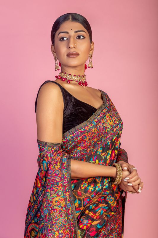 Black Handloom Wevon Designer Kashmiri Pashmina Saree
