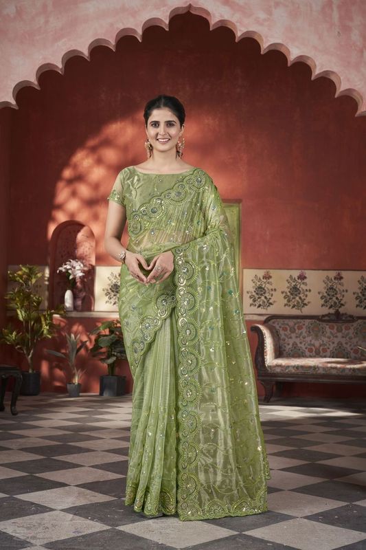 Green Duble Sequance & Thread Embroidery Work Tissue Net Saree