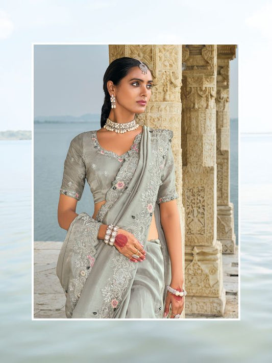 Grey Heavy Designer Thread & Cut Dana & Moti & Jarkan Work Banarasi Silk Saree