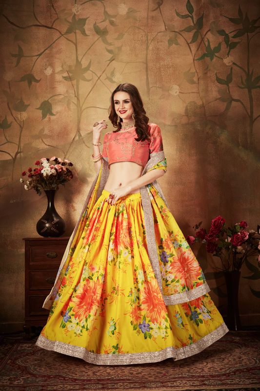 Yellow and Orange Women's Organza Embroidery Lehenga Choli