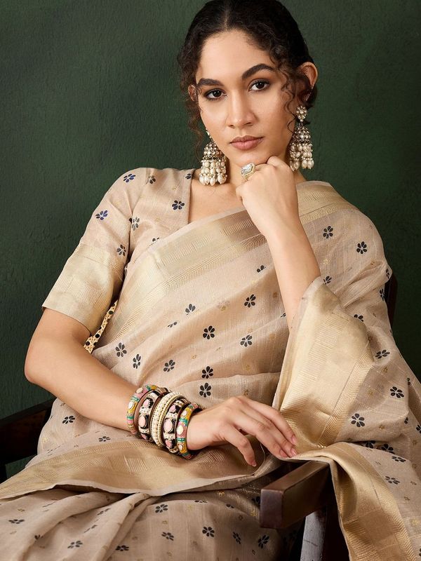 Beige Khadi Organza Woven Designer Saree With Classy Brush Paint Work