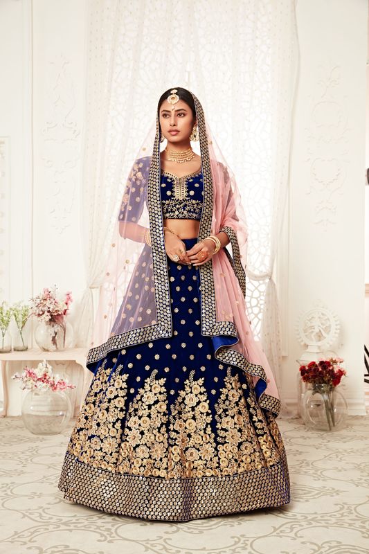 Navy Blue Women's Velvet Embroidery Lehenga Choli