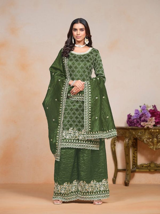 Green Color Gold Crush Fabric Designer Embroidery Work Heavy Looks Palazzo Dress