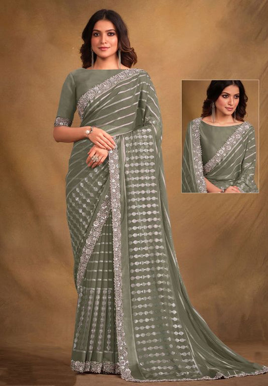 Pista Designer Embroidery & Stone Work Georgette Kasab Saree