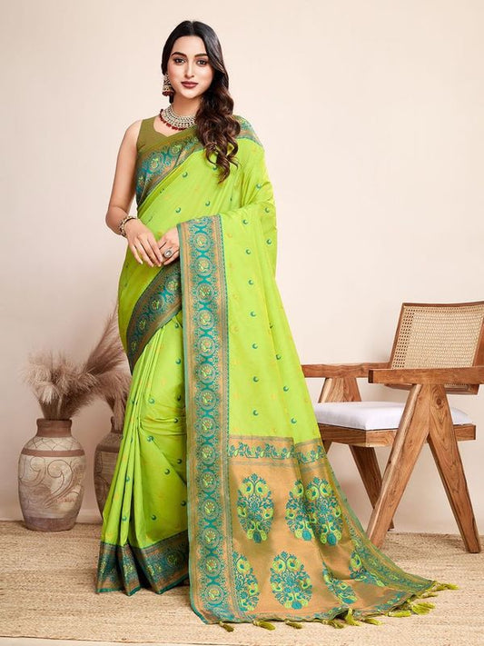 Lemon Color Heavy Wevon Designer Jacquard Silk Saree For Traditonal Looks