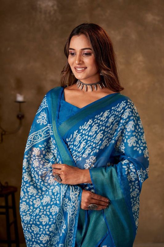 Blue Cotton Printed Saree and Stitched Blue Blouse