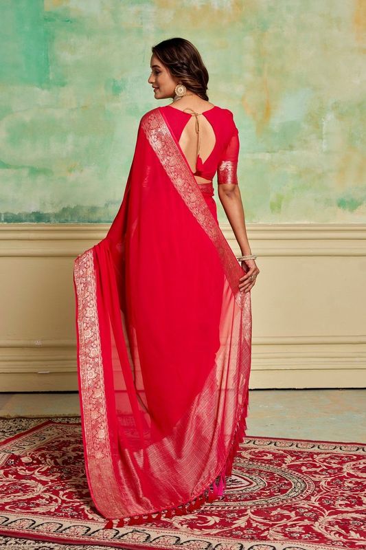 Pink Crepe Woven Saree and Stitched Pink Blouse