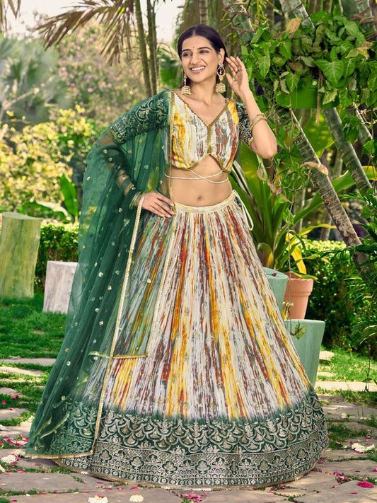 Green Women's Chinon Embroidery Lehenga Choli