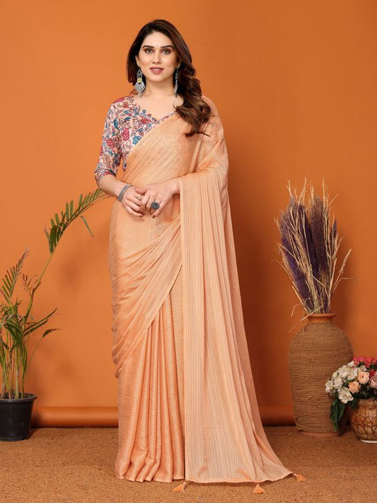 Orange Solid & Digital Printed Blouse Polyester Zari Saree