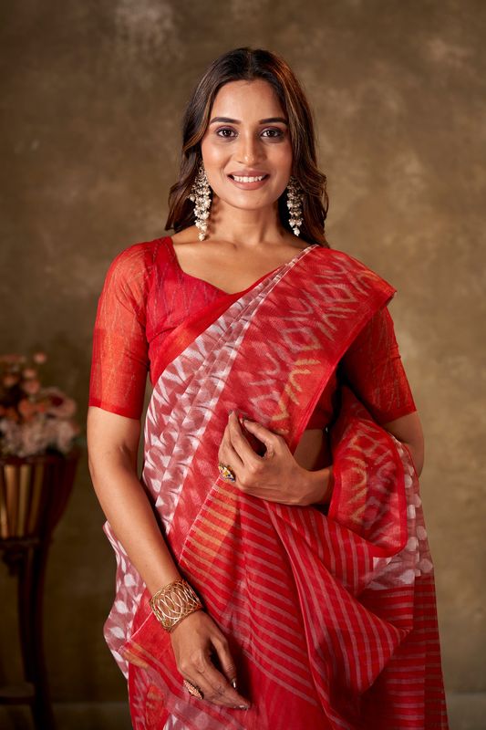 Red Cotton Printed Saree and Stitched Red Blouse