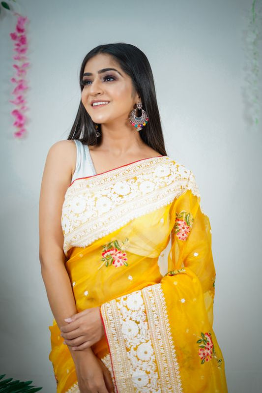 Yellow Designer Embroidery Work Organza Saree