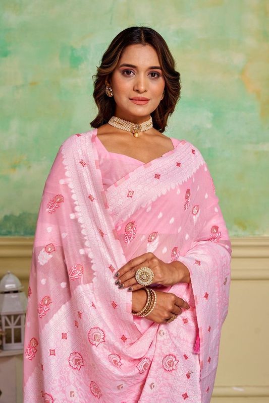 Pink Cotton Woven Saree With Tassels on Pallu and Stitched Pink Blouse