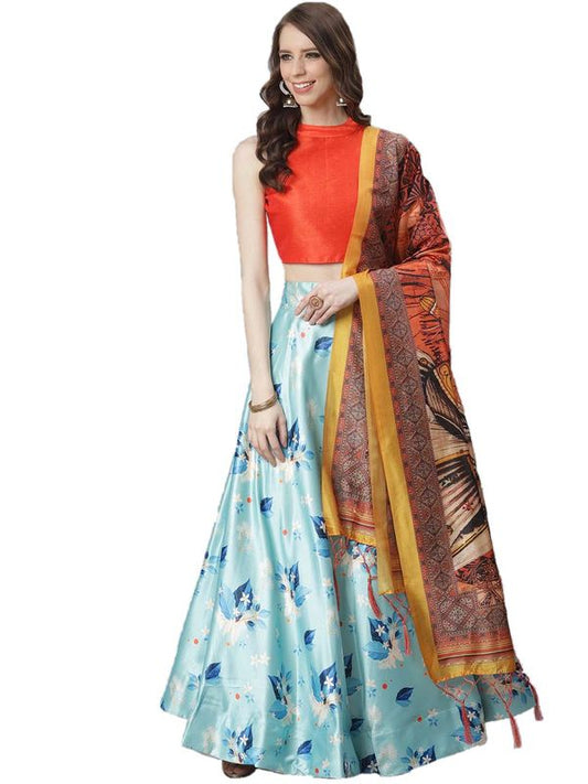 Ethnic Motifs Digital Print Shiney Satin Croptop Lehenga Choli With Blouse For Women and Girls