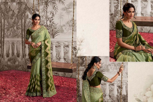 Light Green & Mehandi Heavy Designer Embroidery Work Dola Viscose Silk Saree