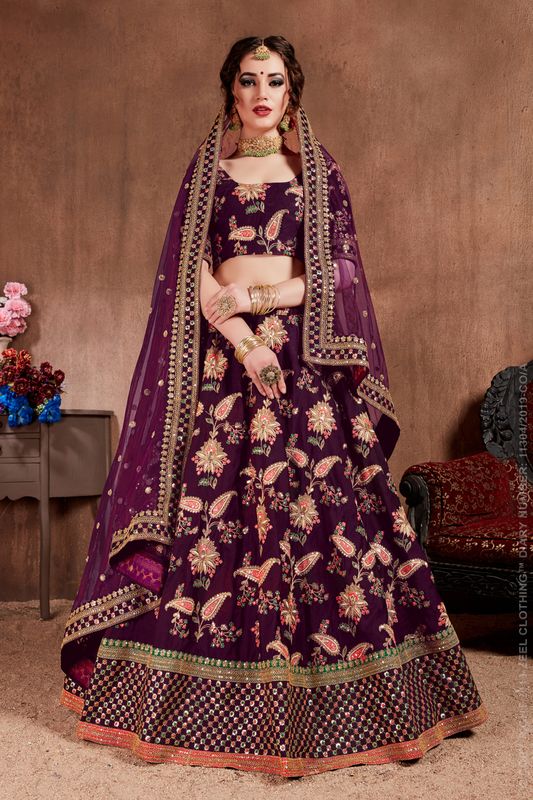 Dark Purple Women's Taffeta Silk Embroidery Lehenga Choli