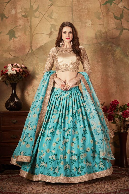 Sky Blue and Beige Women's Organza Embroidery Lehenga Choli