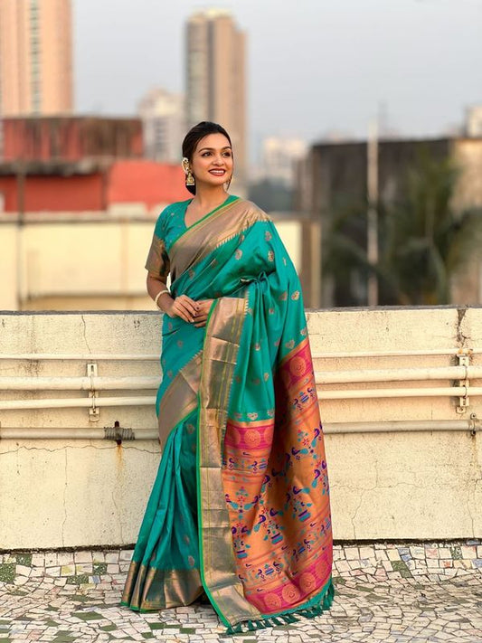 Rama Color Soft  Silk Fabric Graceful Wevon Nath Meenakari Designer Saree