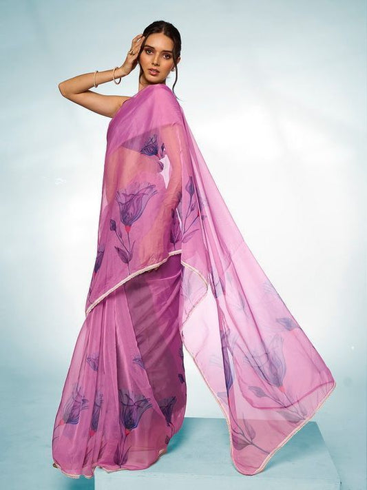 Purple Designer Printed Organza Saree