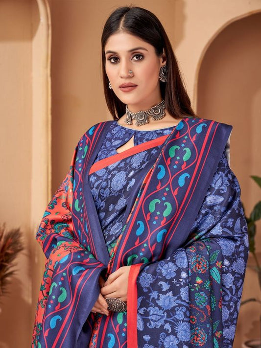 Blue Color Beautiful Designer Digital Printed Pashmina Saree With Shawl