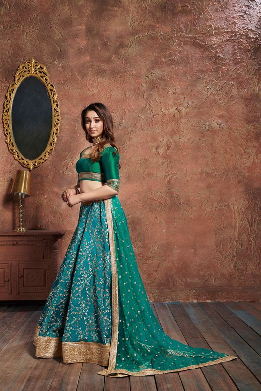 Turquoise Women's Art Silk Embroidery Lehenga Choli