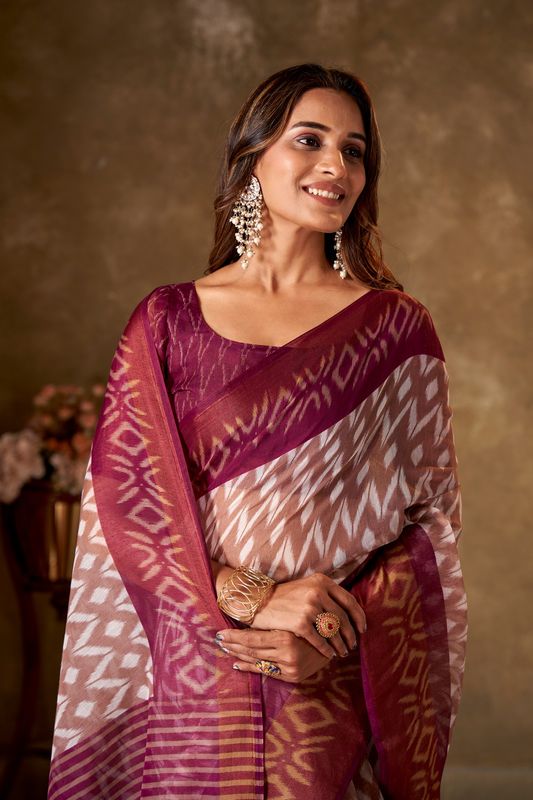 Wine Cotton Printed Saree and Stitched Wine Blouse