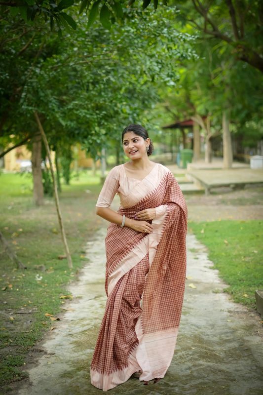 Brown Color Wevon Kantha Designer Tussare Silk Saree With Printed Design