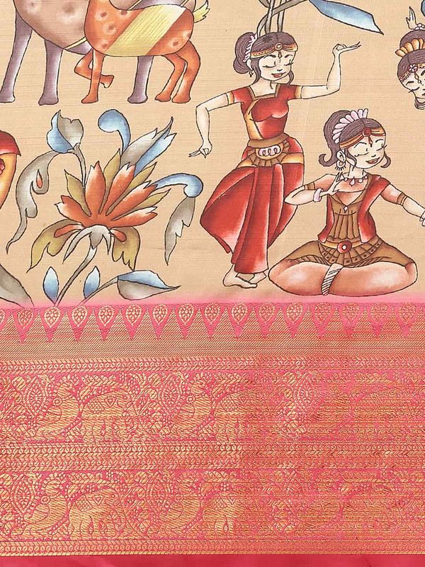 Beige Women's Kalamkari Woven Silk Saree