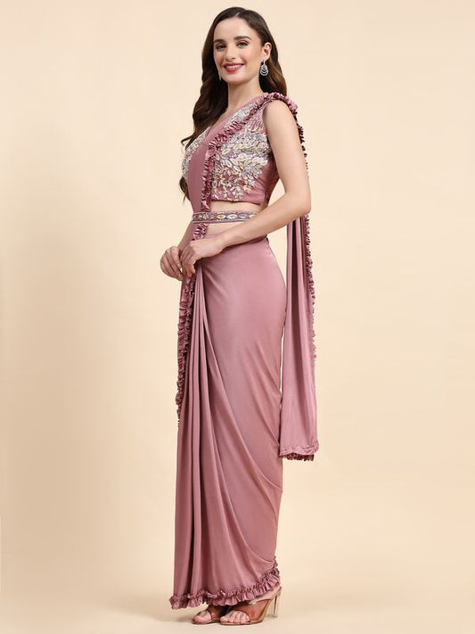 Pink Solid & Sequance Embroidery Work Lycra Saree