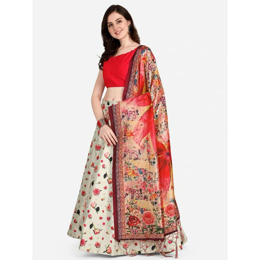 Digital Print Satin Silk Fabric Stitched Lehenga Choli With Jequared Blouse and Assami Silk Thread Work Dupatta For Women and Girls In Festive Party And Traditional Wear