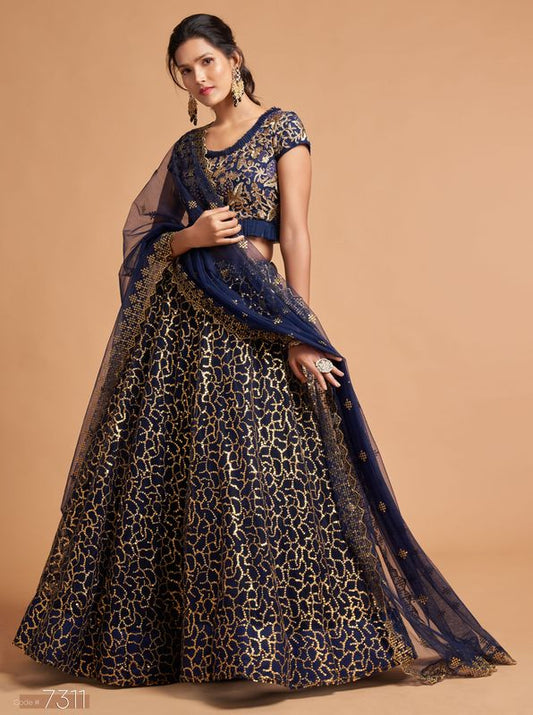 Navy Blue Women's Soft Net Embroidery Lehenga Choli