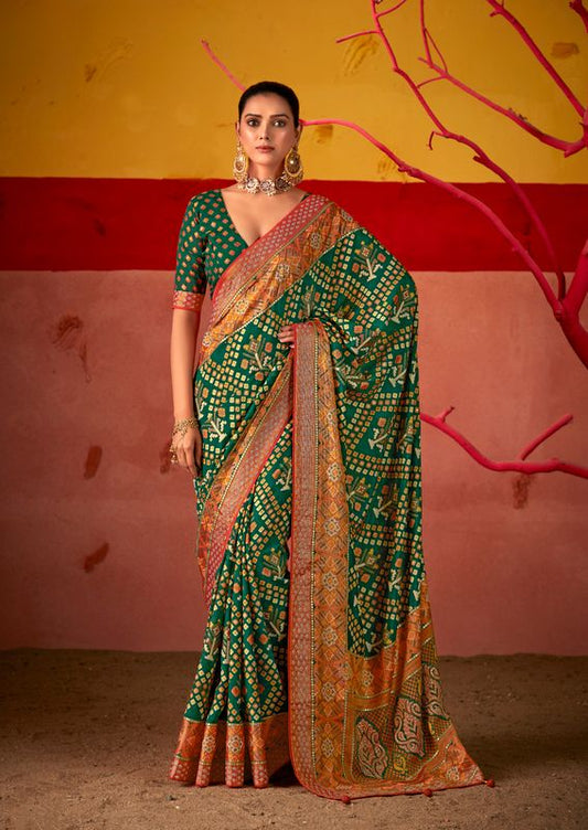 Bottle Green Wevon Border Designer With Patola Printed Silk Saree