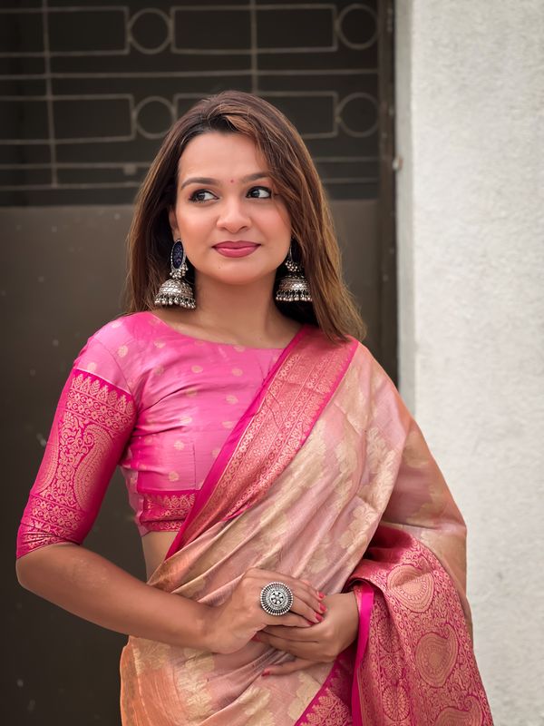 Peach Color Tissue Silk Weaving Jari Designer Traditional Saree