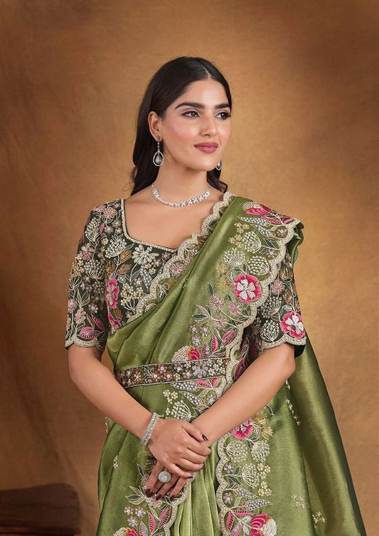 Olive Sequance Embroidery & Moti Work Glass Tissue Saree