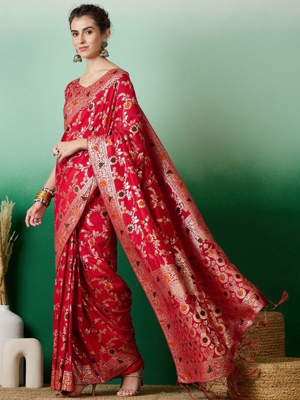 Red Wevon Meenakari Designer Staple Dola Cotton Saree